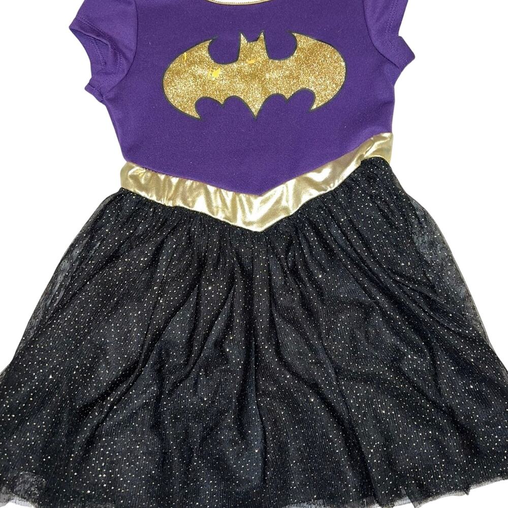 Batgirl Batman bat superhero dress costume. Purple gold black sparkly girls 5/6